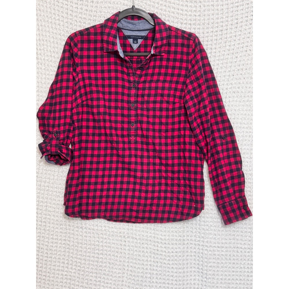Vintage Tommy Hilfiger Womens Medium Red Black Plaid Flannel Shirt‎ Top